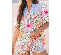 Floral Striped Yoke Frilled Tie Neck Puff Short Sleeve Blouse Women Everyday The Label Multi XL