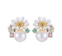 Floral Stud Earrings for Women, Dainty Daisy-Inspired Studs with Imitation Pearl & Multi-Color Stone Accents, Spring Statement Earrings for Daily & Party Styling