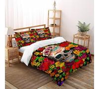 Floral Sugar Skull 3 Pcs Bed Set Creative Design Art 3D King Size Boys Soft Microfiber With Sheet Pillowcases Double（200x200cm）