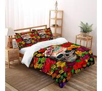Floral Sugar Skull 3 Pcs Bed Set Creative Design Art 3D King Size Men Soft Microfiber With Sheet Pillowcases Super King（260x220cm）