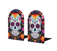 Floral Sugar Skull Book Ends 1 Pair Skeleton Mexico Wooden Bookends for Shelves Heavy Duty Bookshelf Holder with Anti Slip Base, Book Stopper for Home Office Library