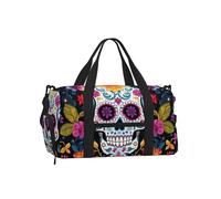 Floral Sugar Skull Gym Bag for Men Women, Skeleton Mexico Weekend Travel Duffle Bag with Shoe Compartment,Water-Resistant Sport Overnight Tote Dance Yoga Carry On Holdall