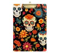Floral Sugar Skull Orange Clipboard Writing Board A4 Standard Size Clip Boards with Low Profile Metal Clip for Women Men Teachers Nurses