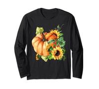 Floral Sunflower and Pumpkin Motif Cute Autumn Fall Graphic Long Sleeve T-Shirt