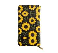 Floral Sunflower Print Leather Long Clutch Wallet â€“ Fashionable Personalized Wallet, Multiple Card Slots, Gift Ready, Black, One Size