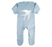 Floral Swallow Silhouette Watercolour Cut Out Baby Romper Jumpsuit with feet, 6-12 Months, Pastel Blue