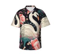 Floral Swan Hawaiian Shirt for Men Beach Shirts Unisex Tropical Tops Summer Button Down Short Sleeve, Black, Large