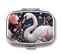 Floral Swan Pill Box Travel Pill Organizer 2 Compartment Weekly Pill Case with Mirror A Day Medicine Container Medicine Organizer for Purse, Pocket, Or Wallet