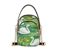 Floral Swans Green Lotus Single Shoulder Handbags Cell Phone Wallet Chain Purse Floral Print Zipper Satchel Crossbody Tote, 5.9" × 8.3" × 3.1"