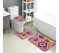Floral Swirl Quick Dry Bath Mat, Vintage Violet Yellow Flowers Absorbent Non Slip Shower Mat, Spring Decorative Flannel Washable Bath Rugs for Bathroom Toilet Restroom 3 Piece Sets