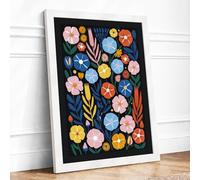 Floral Symphony in Navy Botanical Framed Wall Art Print A4 (29.7×21cm) White, Wall Decor for Living Room, Bedroom, Office & Home, Ready to Hang, Art Gift