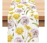 Floral Table Runner with Yellow Dandelions and Purple Wildflowers, Spring Summer Dining Decor, 72 x 13 Inch