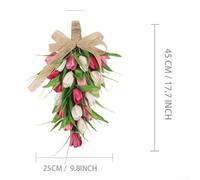 Floral Teardrop Swag With Artificial Tulips And Burlap Bow, Handmade Weather Resistant Decoration For Front Door And Porch(Pink)