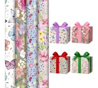 Floral Theme 4 x 3M Happy Birthday Wrapping Paper Rolls - Premium Quality Elegant Gift Wrap for Weddings, Anniversaries, Baby Showers & Special Occasions - Beautiful Butterfly & Flower Designs - ANGIX