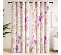 Floral Theme Curtains 100% Blackout, Cream White Windows Drapes, Insulated Thermal Eyelet Blackout Curtains Pink & Purple Blossom Peaceful Serene Home Decor W 52" x L 72"
