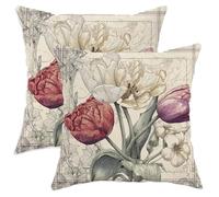 Floral Throw Pillow Covers Set of 2, Red and White Tulips Design Cushion Cases, Spring Decorative Square Accents Covers for Home Sofa Bed Couch 16x16 Inch