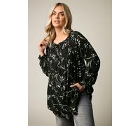 Yours Curve Floral Tie Neck Pintuck Top - Women's - Plus Size Curve Black