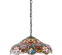 Floral Tiffany Glass Design Ceiling Pendant Light - Dark Bronze Effect Fitting