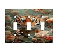 Floral Tiger Light Switch Cover Plates/Outlet Covers, Peach Orange Jungle Flowers for Wall Accents, Thermoplastic Wall Plates, Standard Size Triple Toggle