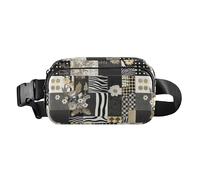 Floral Tilework Black Gold Fanny Pack for Women Men Crossbody Belt Bag Fashion Waist Packs Purse with Adjustable Strap Bumbags for Shopping Traveling