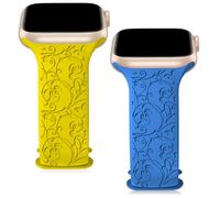 Floral Totem Engraved Apple Watch Strap 2-Pack - Soft Silicone Wristband, Fits 38mm-45mm, for Apple Watch SE/Ultra/Series 1-9 (38MM/40MM/41MM, Yellow & Blue)