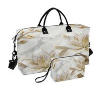 Floral Travel Duffel Bag, White Gold Pattern, Polyester, Large Capacity Gym Bag with Shoulder Strap, 20.5x7.9x13.8 Inch, Quilted Wave Design, Multiple Pockets