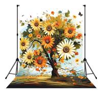 Floral Tree with Daisies Sunflowers Butterflies Backdrop for Photography, 5x7 FT