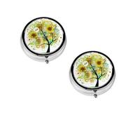 (Floral Tree with Daisies Sunflowers Butterflies) Round Pill Box with 3 Compartment Small Pill Organizer Portable Pill Case Vitamin Containers, Travel Essentials 4.6x4.6x1.8 cm