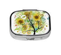 (Floral Tree with Daisies Sunflowers Butterflies) Square Pill Box with 2 Compartment Small Pill Organizer Portable Pill Case Vitamin Containers, Travel Essentials 5.5x4x1.8 cm