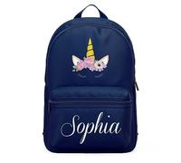 Floral Unicorn Head Personalised Mini Backpack for Girls Back to School Reception Nursery Kids Bag, One Size, Navy