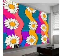 Floral Vintage Fashion Daisies Photo Wallpaper Rainbow, Non-Woven Premium Fleece 300 x 210 cm (WxH) Large Wall Mural, for Bedroom Living Room Decoration Poster