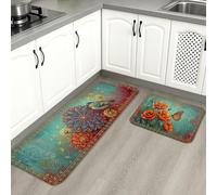 Floral Vintage Kitchen Mats for Floor, Colorful Sunflower and Artistic Birds Soft Mats, Spring Decorative Cushioned Washable Rugs for Kitchen Sinks Laundryroom Bathroom 2pcs