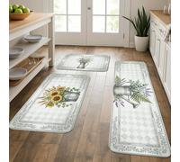 Floral Vintage Kitchen Mats for Floor, Sunflower and Lavender Patterned Soft Mats, Spring Cushioned Comfort Washable Decor Rugs for Kitchen Sinks Laundryroom Bathroom 3pcs