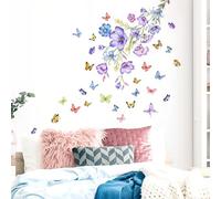Floral Wall Decal Self Adhesive - Flower Wall Stickers Floral Butterfly Wall Decals Girls Bedroom Living Room TV Sofa Wall Decor 1817