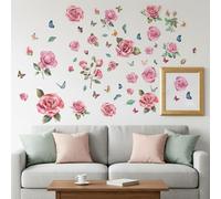 Floral Wall Decals, 2Pcs 35.4×11.4Inch PVC Pink Roses & Butterfly Wall Stickers Self-Adhesive Decal for Living Room & Bedroom Wall's Art