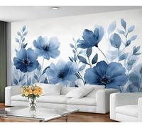 Floral Wallpaper for Living Room - Peel and Stick Wallpaper, Watercolor Blue Floral Bedroom Wall Paper, Large Wall Mural & Rustic Floral Home Decor, Self Adhesive