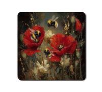 Floral Washer Dryer Top Protector Mat, Vintage Red Poppy Design, Nature Inspired Rubber Anti-slip Waterproof Washer And Dryer Mats for Laundry Room 24x24 Inch