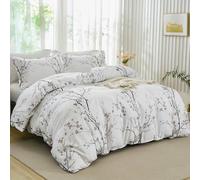 Floral White Bedding Set 3 Pieces Tree Branch and Plum Flower Printed Duvet Cover Set with 2 Pillowcases Botanical Soft Microfiber Duvet Cover Set for All Season Double Size 200x200 cm