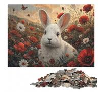 Floral White Bunny Wooden Jigsaw Puzzle 500 Pieces, Hobby Gift | Image-area sorting - a clear build method during indoor leisure.