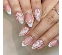 Floral White French Tip False Nails Medium Almond, SXVME Glitter White Press on Nails with Floral Designs Full Cover Acrylic Fake Nails Press ons Spring Bling Stick on Nails for Women 24 Pcs