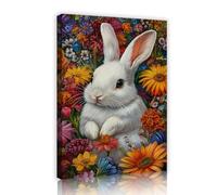 Floral White Rabbit Print on Canvas Summer Meadow Artwork Petal Pattern Pictures Mural Framed for Living Room Corridor Modern Home Decor 30x45cm
