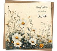 Floral Wife Birthday Card | Beautiful Daisy Flower Design & Rustic Kraft Envelope