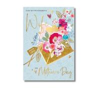 Floral Wife Mother's Day Card, Gold Foil Design, Blue Background