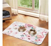 Floral With Flamingo Print Pet Feeding Mat For Dogs & Cats Absorbent Waterproof Dog Food Mat Non-Slip Pet Bowl Placemat Quick Dry Floor Protector Leather Tablecloth