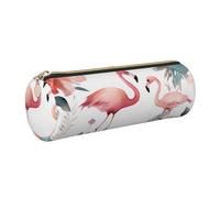 Floral with Flamingo Printed Cylindrical Leather Pencil Case for Girls Boys, Gold Zipper Pencil Bag Pen Pouch Organizer for Student School Office College
