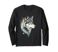 Floral Wolf Portrait Digital Animal Illustration Long Sleeve T-Shirt