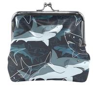 Floral Women Cute Coin Purse Leather Kiss Lock Fierce Shark Navy Change Holder Card Pouch, Fierce Shark Navy, OneSize