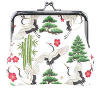 Floral Women's Cute Coin Purse Leather White Cranes Wings Kiss Lock Small Pouch Coin Wallet 4.53" x 4.13"