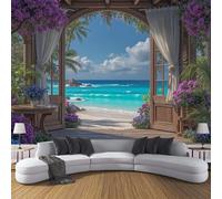 Floral Wooden Door Beach Silk Wall Mural Decoration Poster Picture Photo Wallpaper 400x280cm, Realistic Scenery Wall Mural Decoration, Multi-Color Paper for Home Living Room Kids Bedroom Kitchen