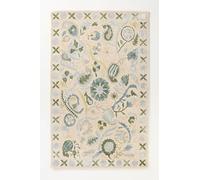 Floral Wool Viscose Area Rug, Hand-Tufted Beige Carpet with Green Blue Accents, Bohemian Botanical Design, Soft Living Room Rug, Bedroom or Entryway Decor - 270x270 cm / 9'x9' (Round)
